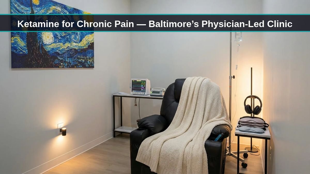 Ketamine chronic pain Baltimore treatment room at Vita Nova Ketamine & Wellness Clinic, 513 Bayview Blvd, Baltimore MD 21224