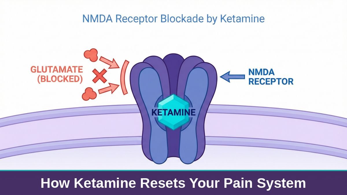NMDA receptor mechanism diagram showing how ketamine blocks chronic pain signals — ketamine chronic pain Baltimore